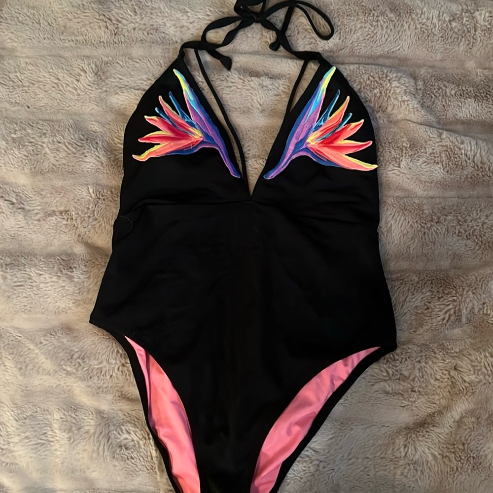 Victoria Secret’s Pink black with flowers one-piece swimsuit
